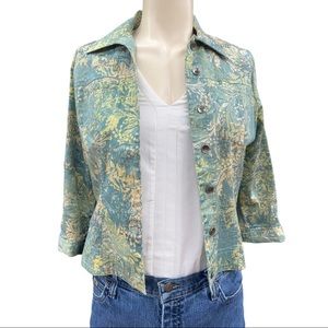 Susan Bristol Jacket Womens Medium Yellow Green Floral Embellished 3/4 Sleeve